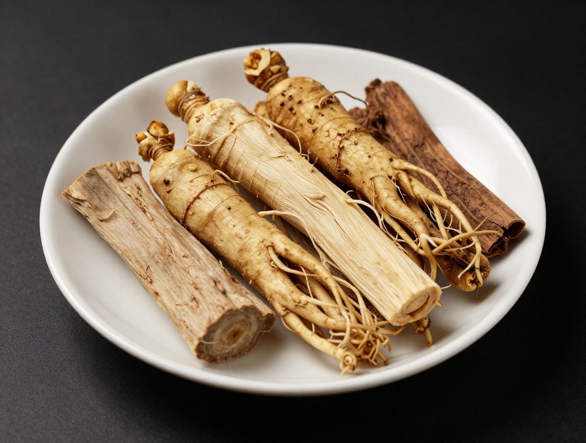 Semillas de ginseng y raíces secas de plantas adaptógenas en plato de cerámica blanca con fondo oscuro dramático y luz de estudio lateral