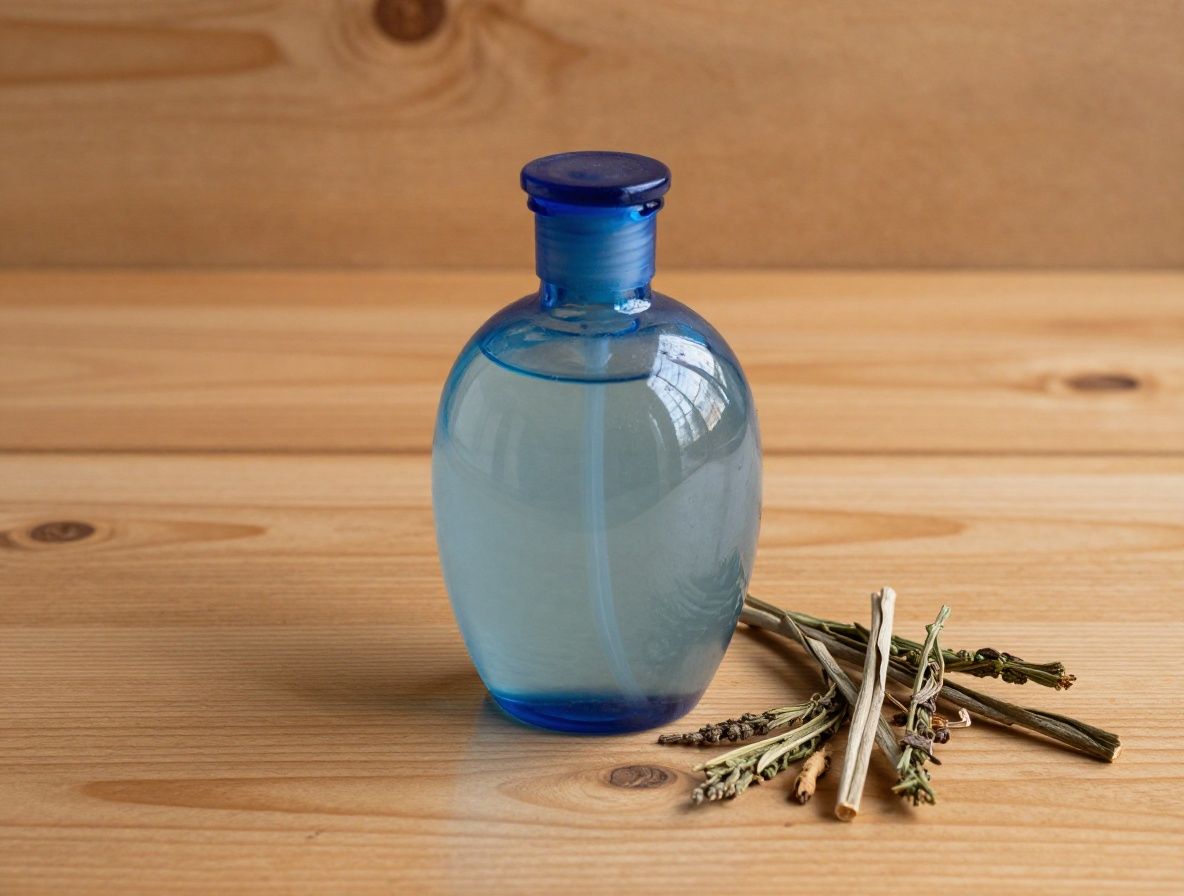 Frasco de cristal con líquido azulado transparente y tapa de laboratorio sobre superficie de madera natural con hierbas secas a su alrededor en luz de tarde cálida