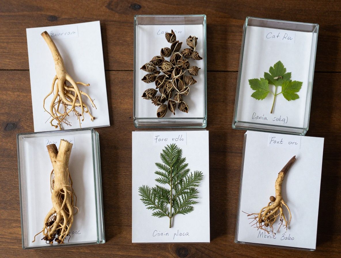 Colección de raíces, semillas y plantas medicinales secas en recipientes de vidrio de farmacia sobre madera oscura con etiquetas escritas a mano