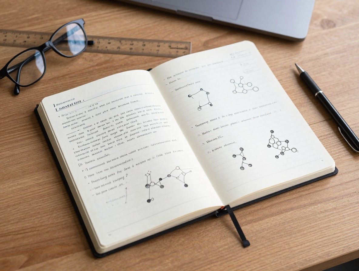 Cuaderno de laboratorio abierto con anotaciones científicas manuscritas y diagramas de moléculas junto a regla y lápiz sobre escritorio de madera